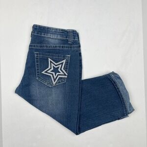 VTG Y2K Embroidered Denim Jean Capris Blue Women's 11 McBling Grunge Distressed